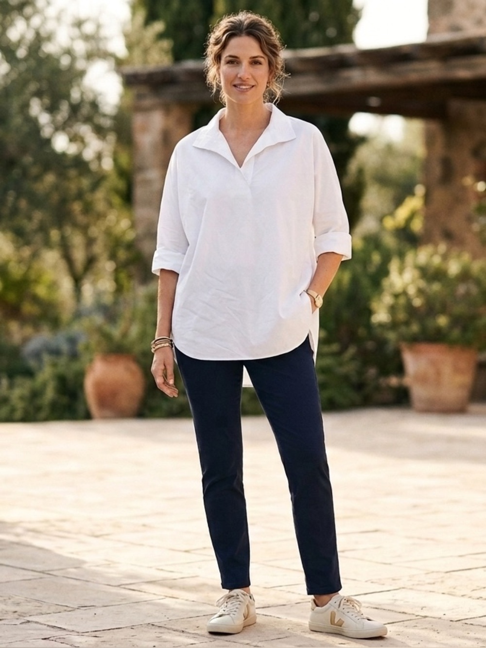 Lands' End White Oversized Collard Popover Tunic Blouse
